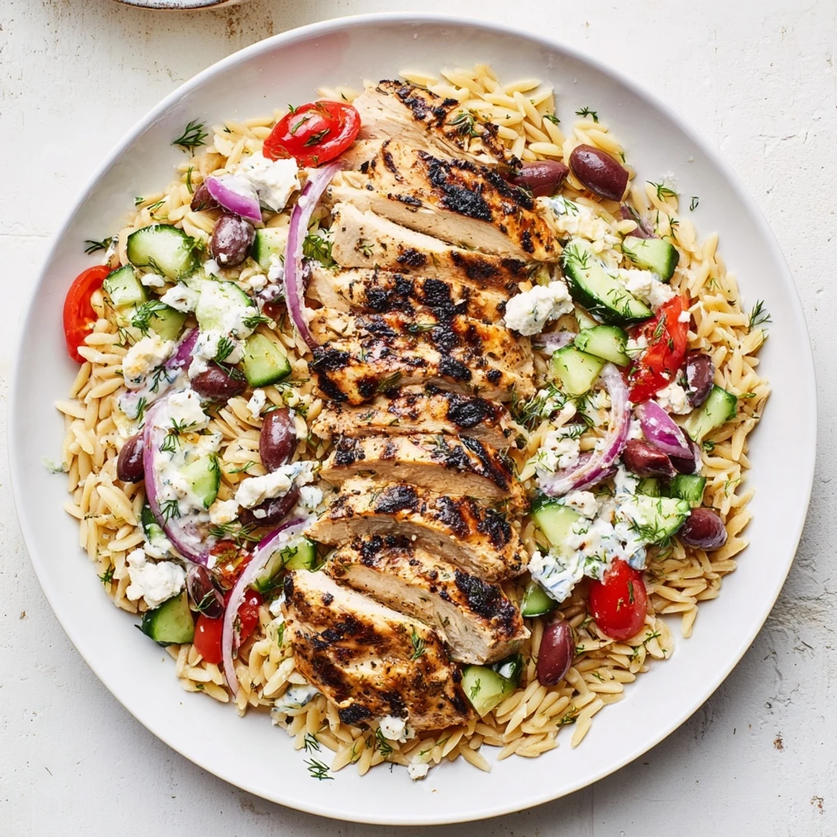 Golden grilled Greek Chicken Gyro Pasta Bowls, offering a medley of fresh flavors and tangy feta.