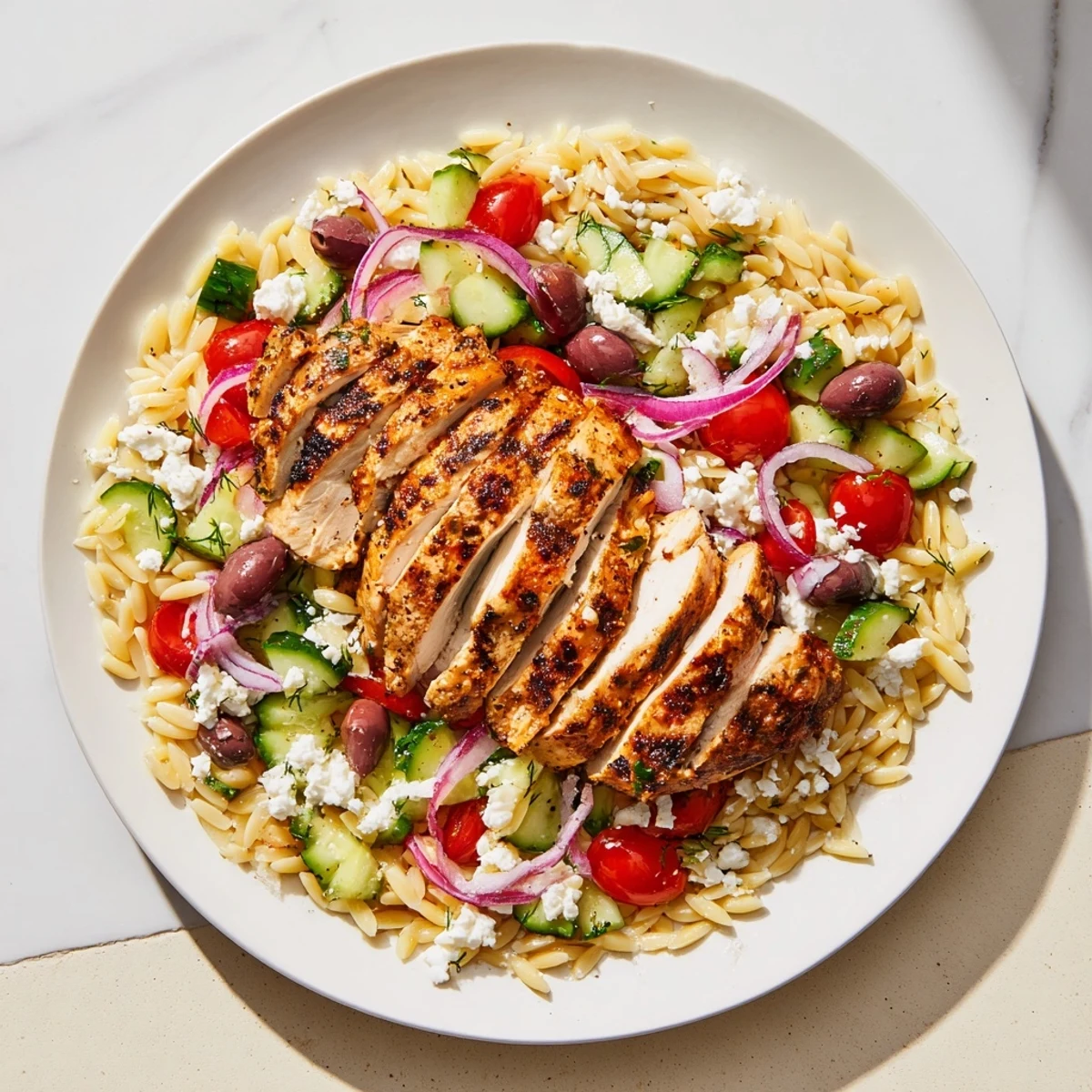 A close-up shot of a Greek Chicken Gyro Pasta Bowl brimming with vibrant ingredients and creamy sauce.