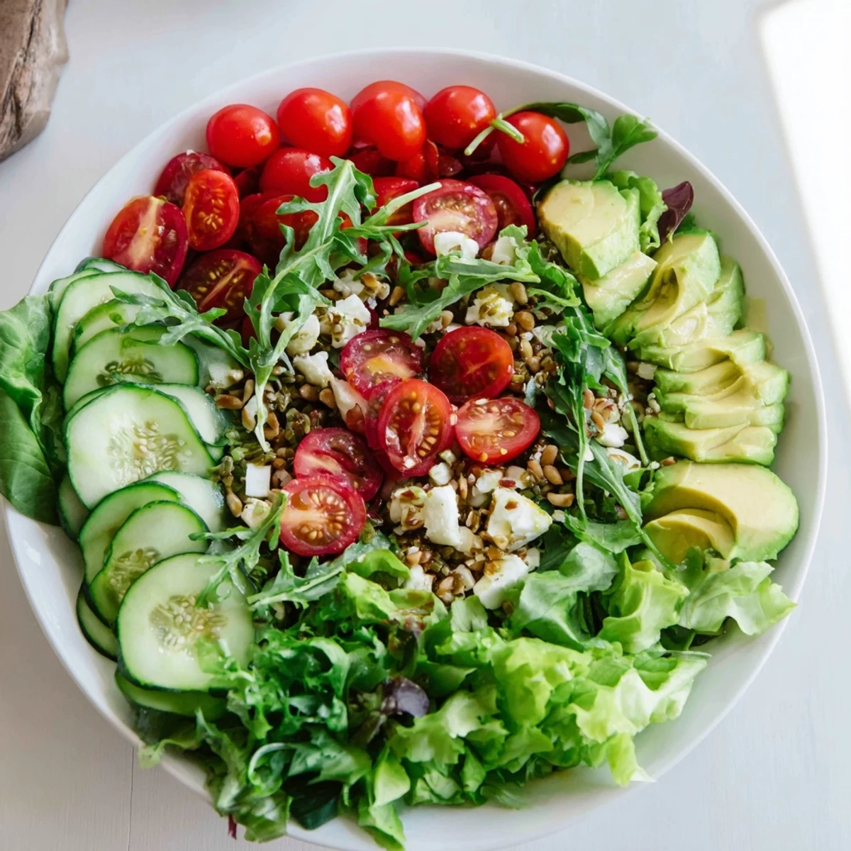 Vibrant The Golden Ratio Salad with fresh greens, tomatoes, and creamy avocado, ready to serve.