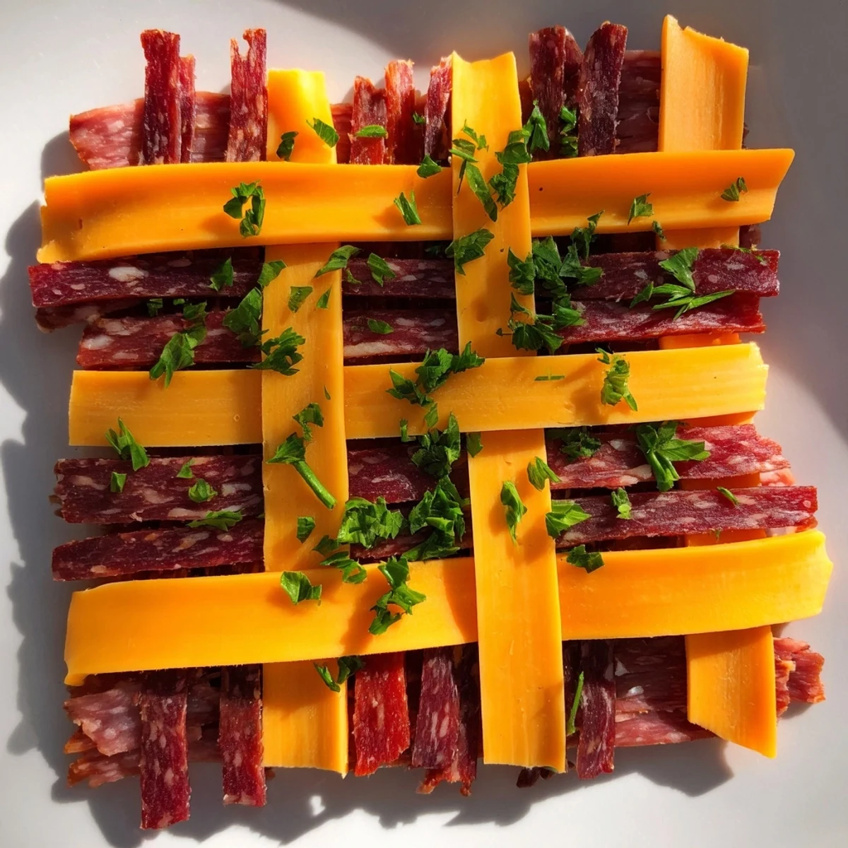 Savory beef, turkey, and pork jerky combine with cheese in a delicious The Tartan Plaid charcuterie board.