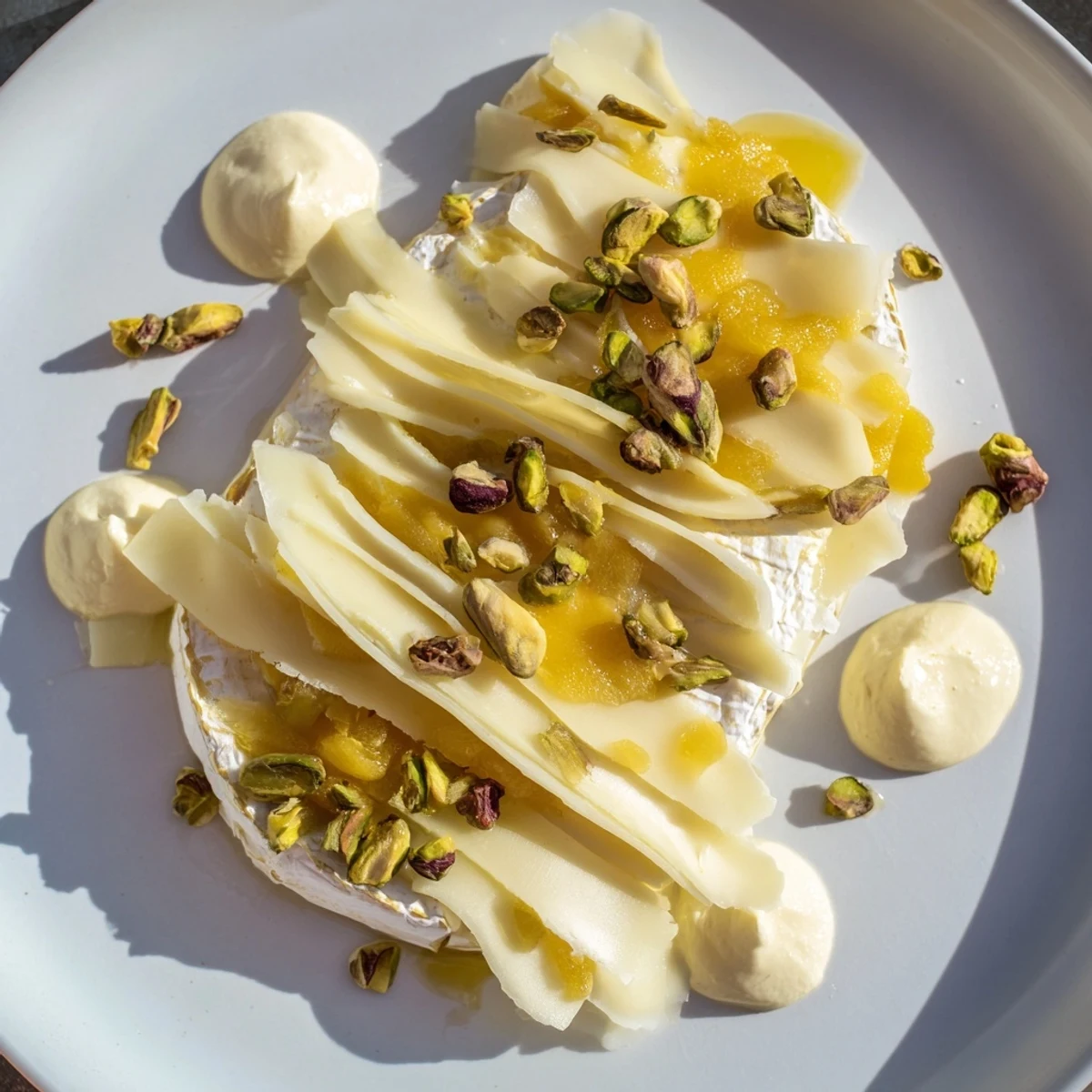 Elegant presentation of The Saffron Silk cheese board, boasting yellow cheeses, creamy spreads, and fresh crackers.