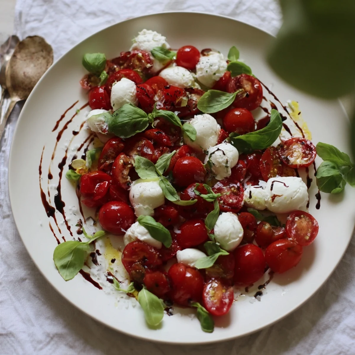 Fresh Pearly Strand salad with mozzarella pearls resting artfully on vibrant ingredients; a light meal.