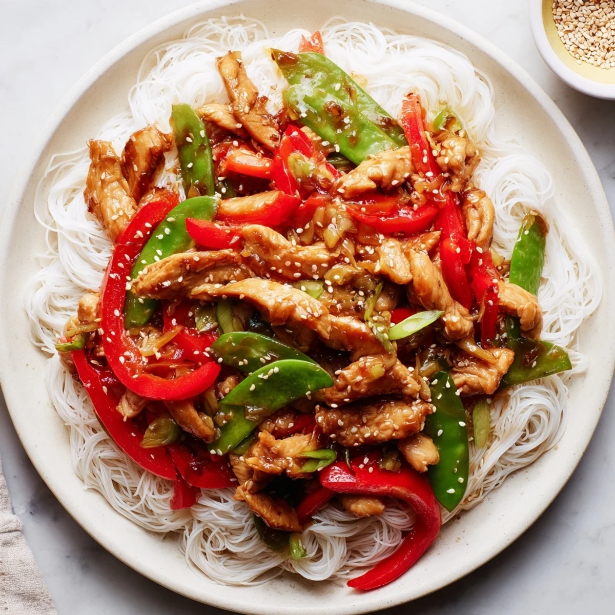 A steaming bowl of Mongolian Chicken featuring tender chicken coated in a rich, flavorful sauce.