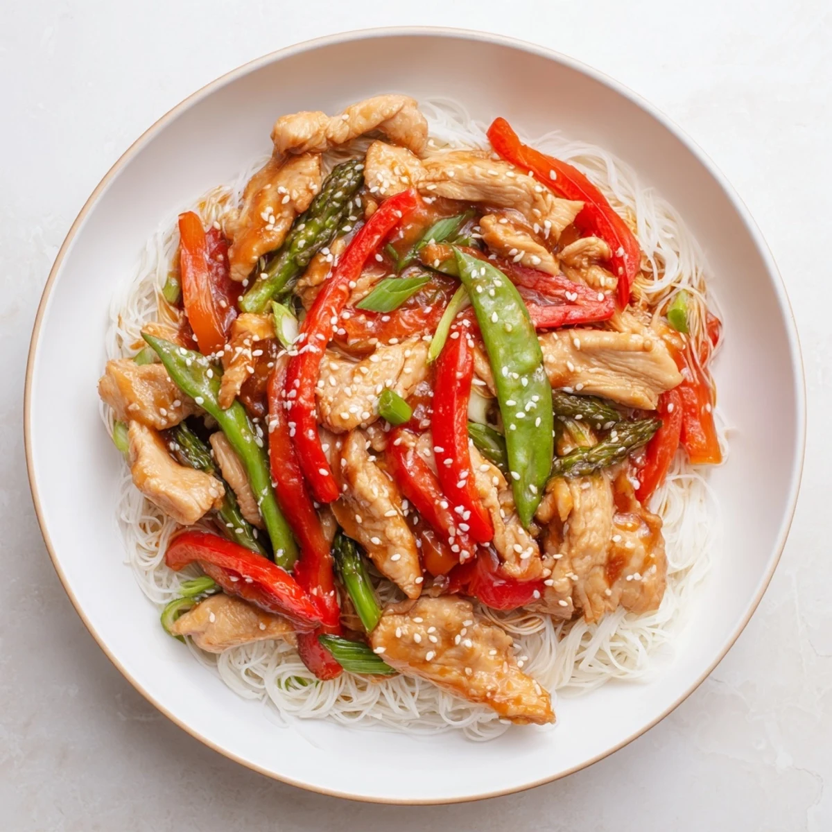 Golden-brown Mongolian chicken stir-fry with vibrant vegetables and glossy sauce over perfect noodles.