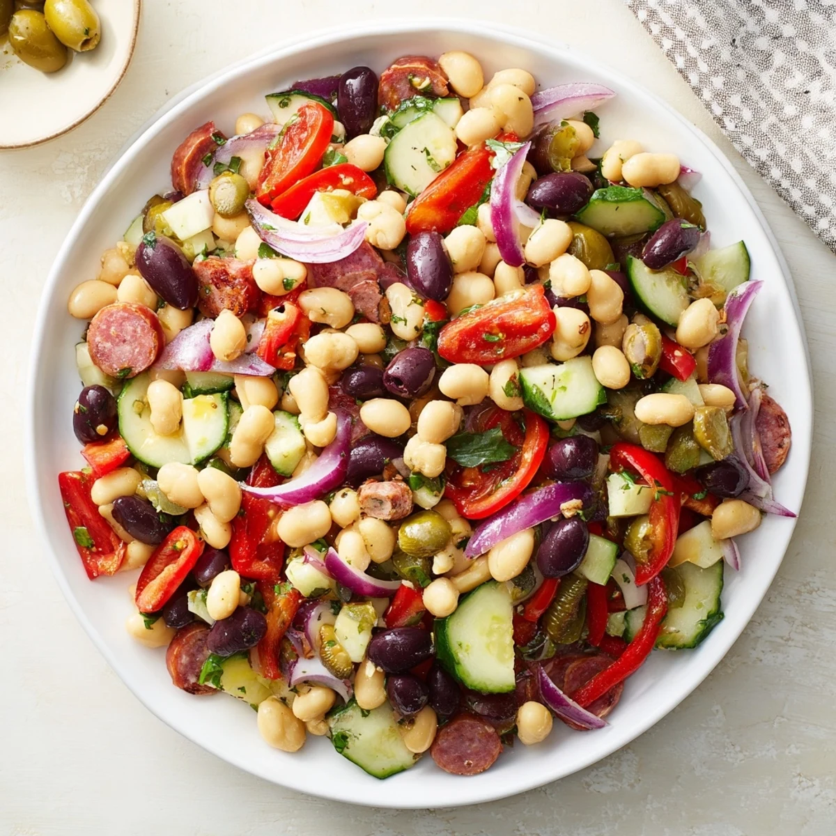 Fresh, flavorful Mediterranean Bean Salad with salami, a vibrant mix of beans, olives, and salami.