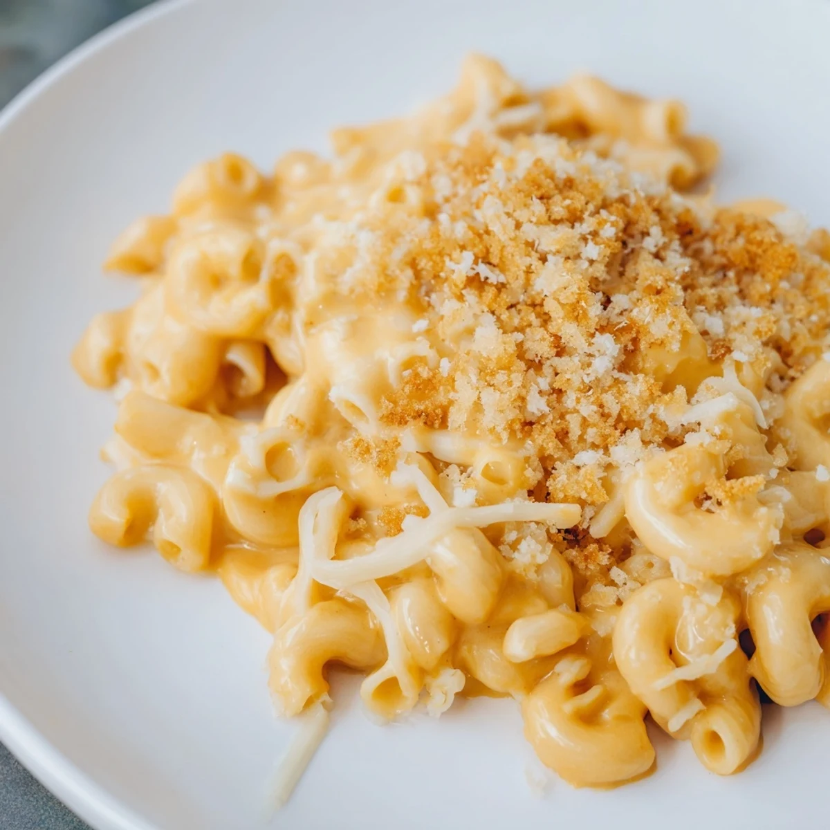 A comforting, cheesy bowl of butternut squash mac, ready for serving with a golden crust.