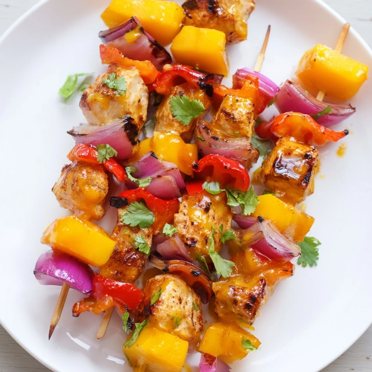 Grilled Mango Lime Chicken Skewers featuring colorful bell peppers, offering a delicious, tropical meal.