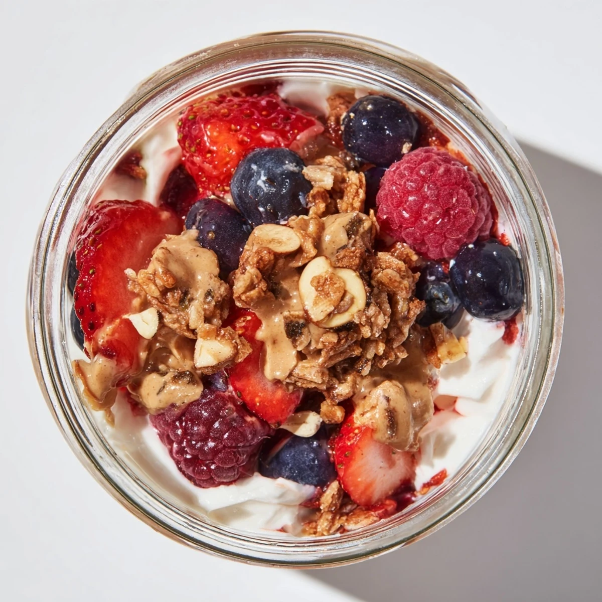 Cashew Butter Yogurt Parfait layered with berries and granola, a creamy and delicious breakfast treat.