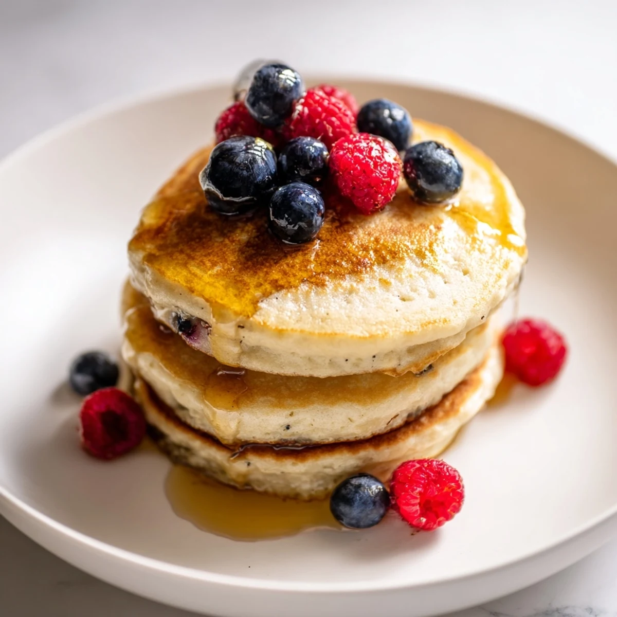 Heap of golden Lemon Ricotta Pancakes, with creamy ricotta, perfect for a cozy weekend brunch.