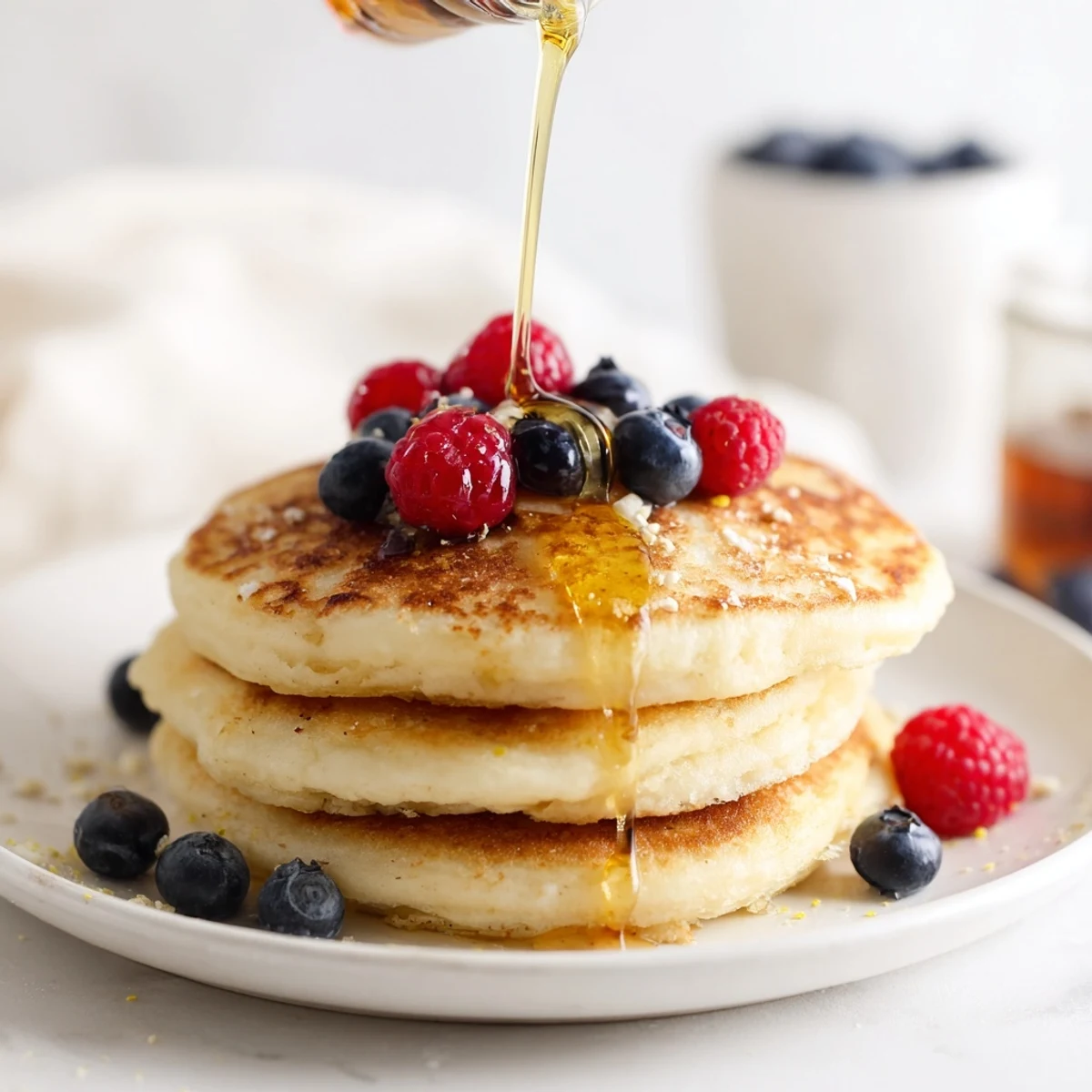 A stack of delicious Lemon Ricotta Pancakes, bursting with lemon flavor, awaits a delicious bite.