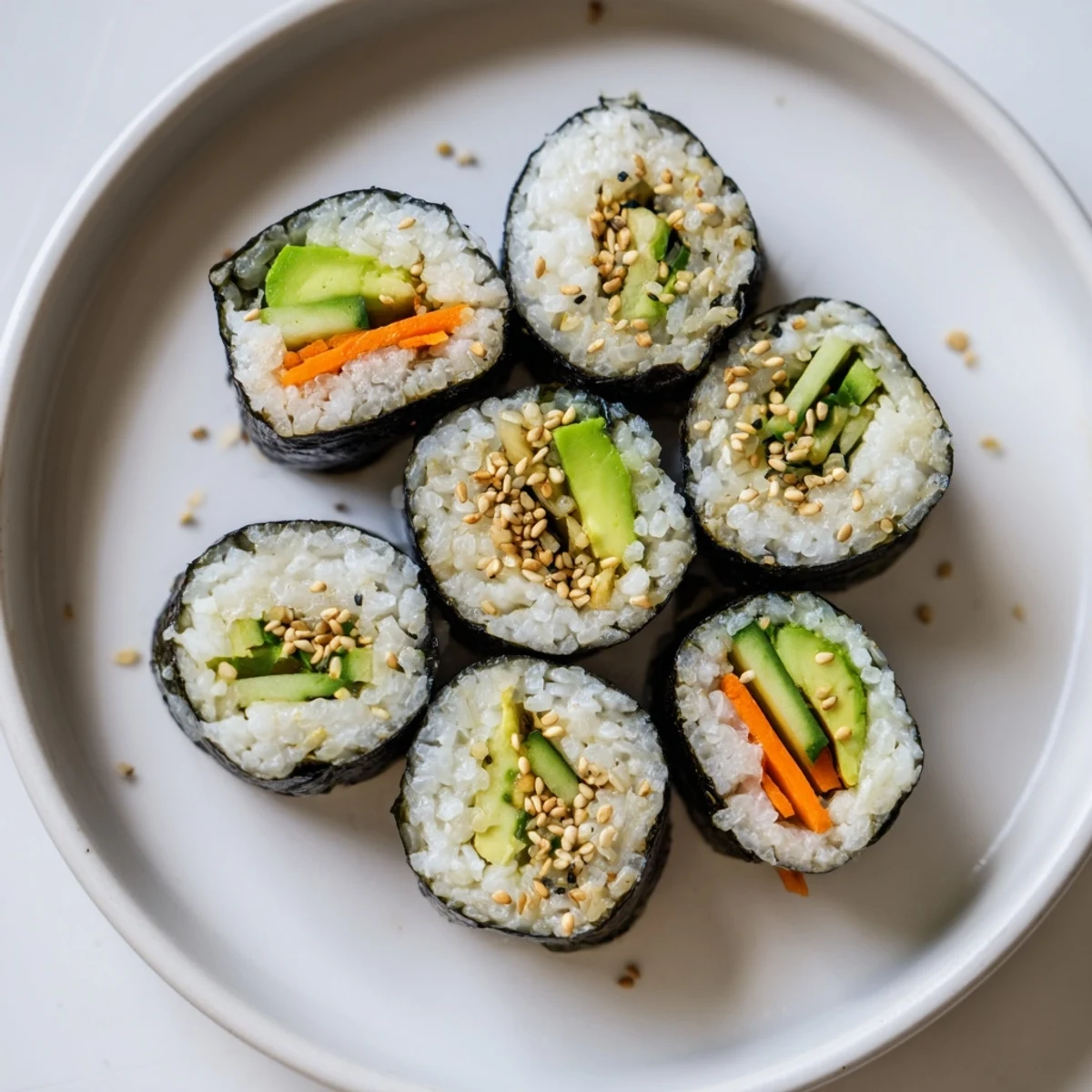 Fresh avocado cucumber sushi rolls, vibrant green and white filling, ready to serve with soy sauce.