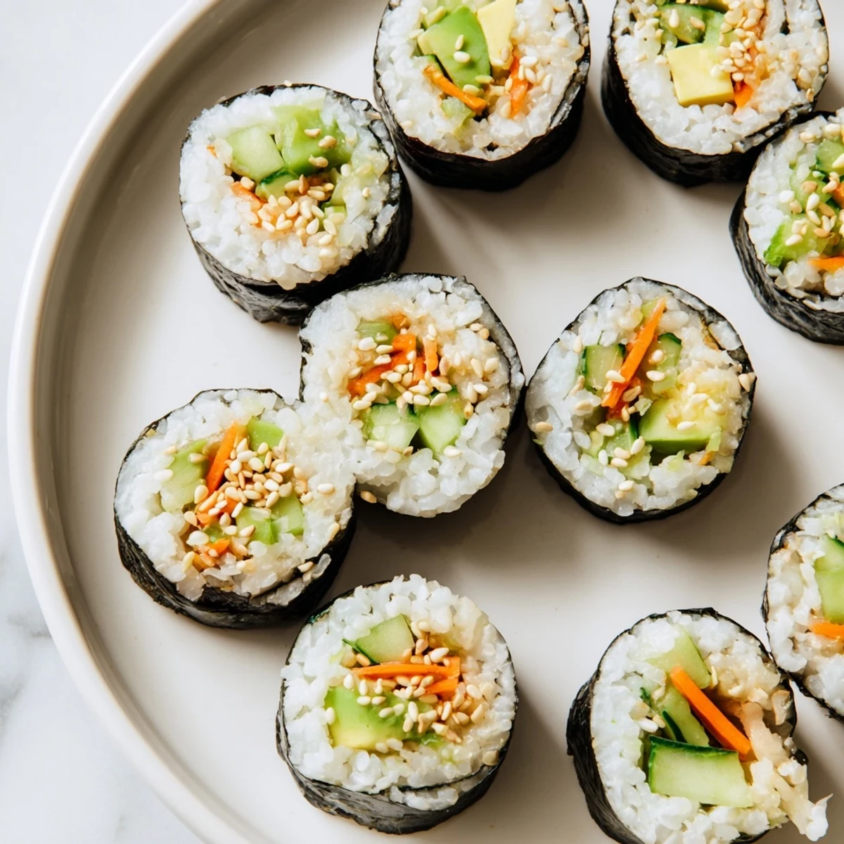 Close-up of freshly sliced avocado cucumber sushi, showing creamy avocado and crisp cucumber slices.