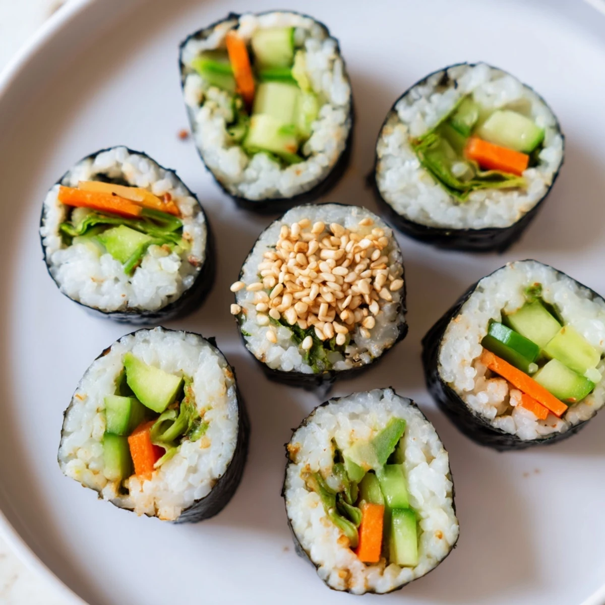 Homemade avocado cucumber sushi, beautifully arranged with sesame seeds, perfect for a healthy vegan snack.