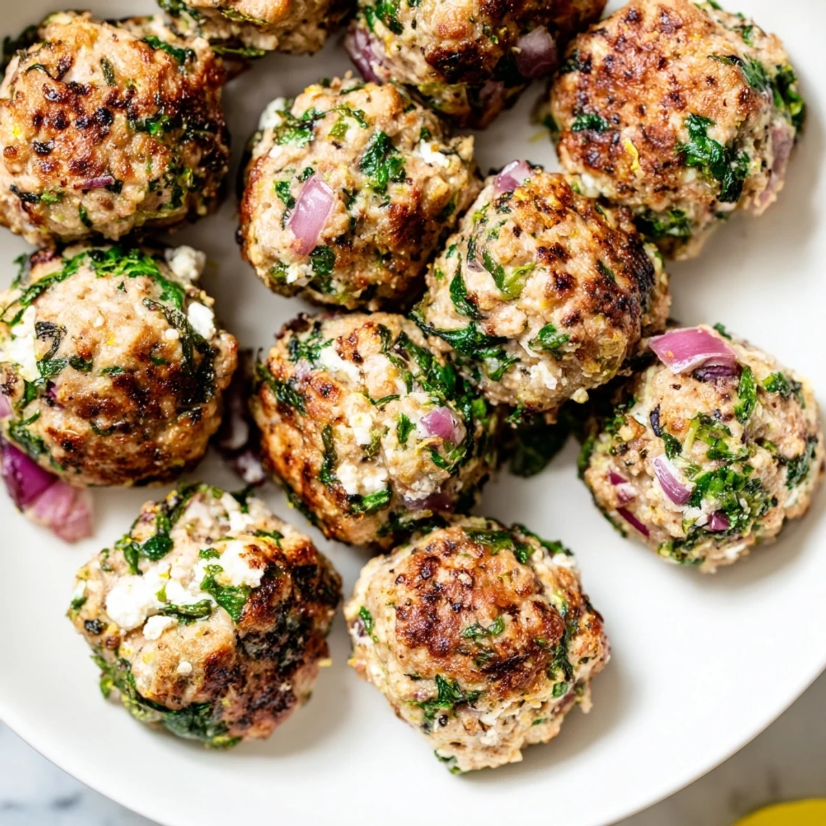 Golden brown Spinach Feta Turkey Meatballs, tender and juicy, ready to enjoy with a fresh parsley garnish.