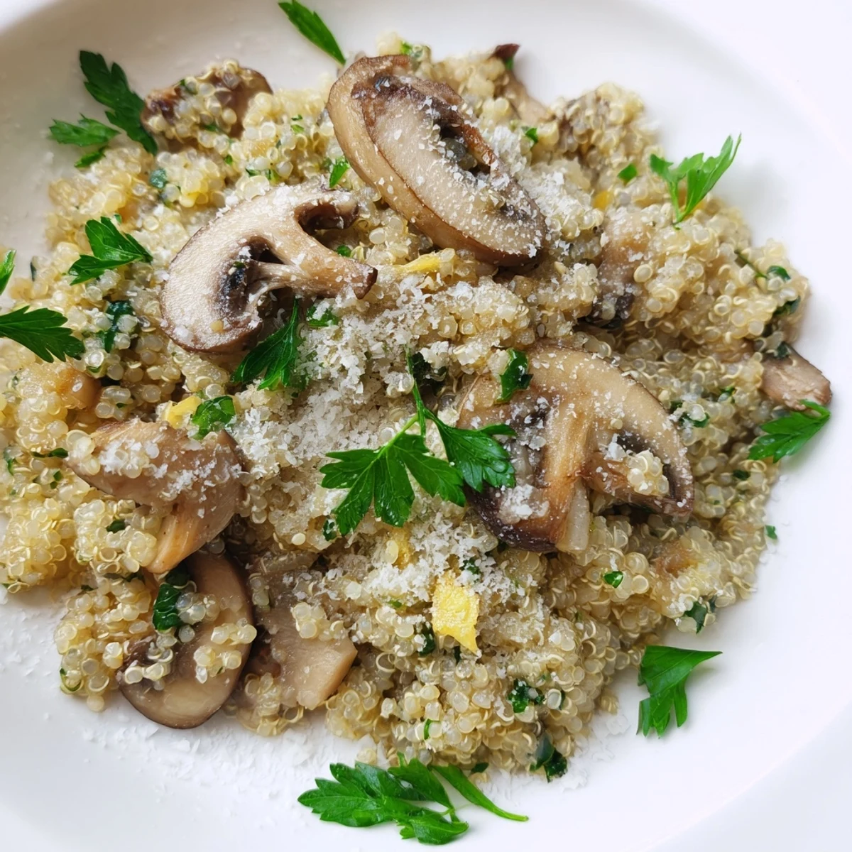 Steaming bowl of Mushroom Quinoa Risotto, creamy and richly flavored, ready to serve with Parmesan.