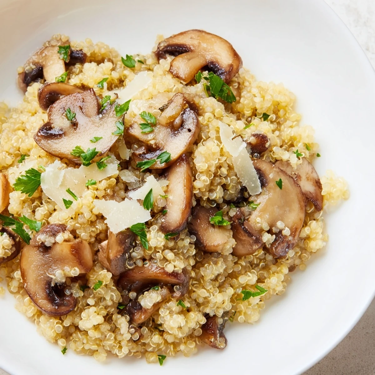 A close-up shot of the earthy Mushroom Quinoa Risotto, garnished with fresh parsley, looks delicious.