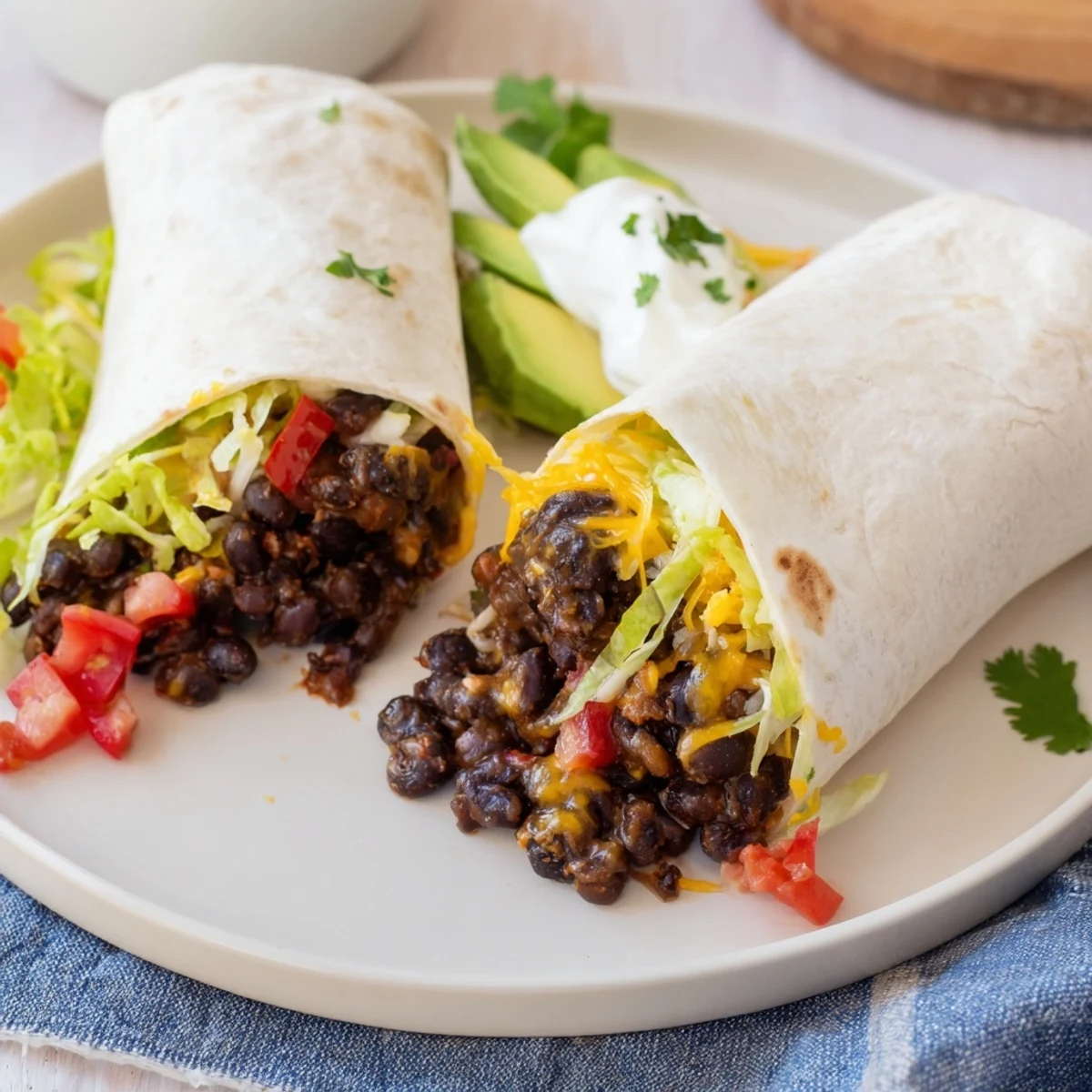 A close-up shot of a delicious Smoky Black Bean Burrito bursting with colorful fillings, perfect for a filling lunch.