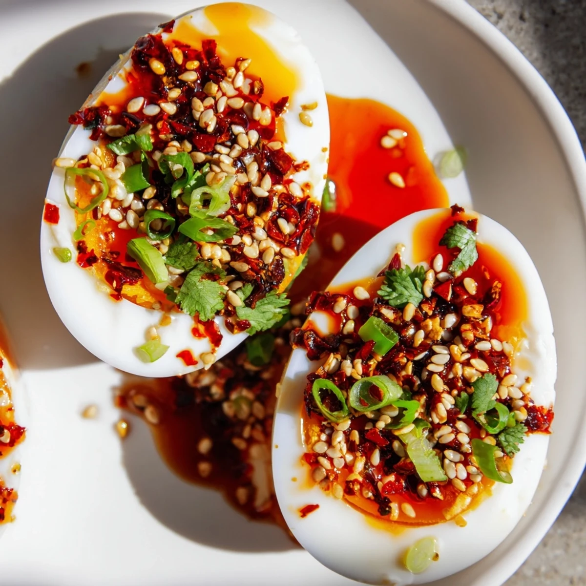 Spicy chili oil eggs arranged on a plate—a quick, easy, and satisfying breakfast recipe.