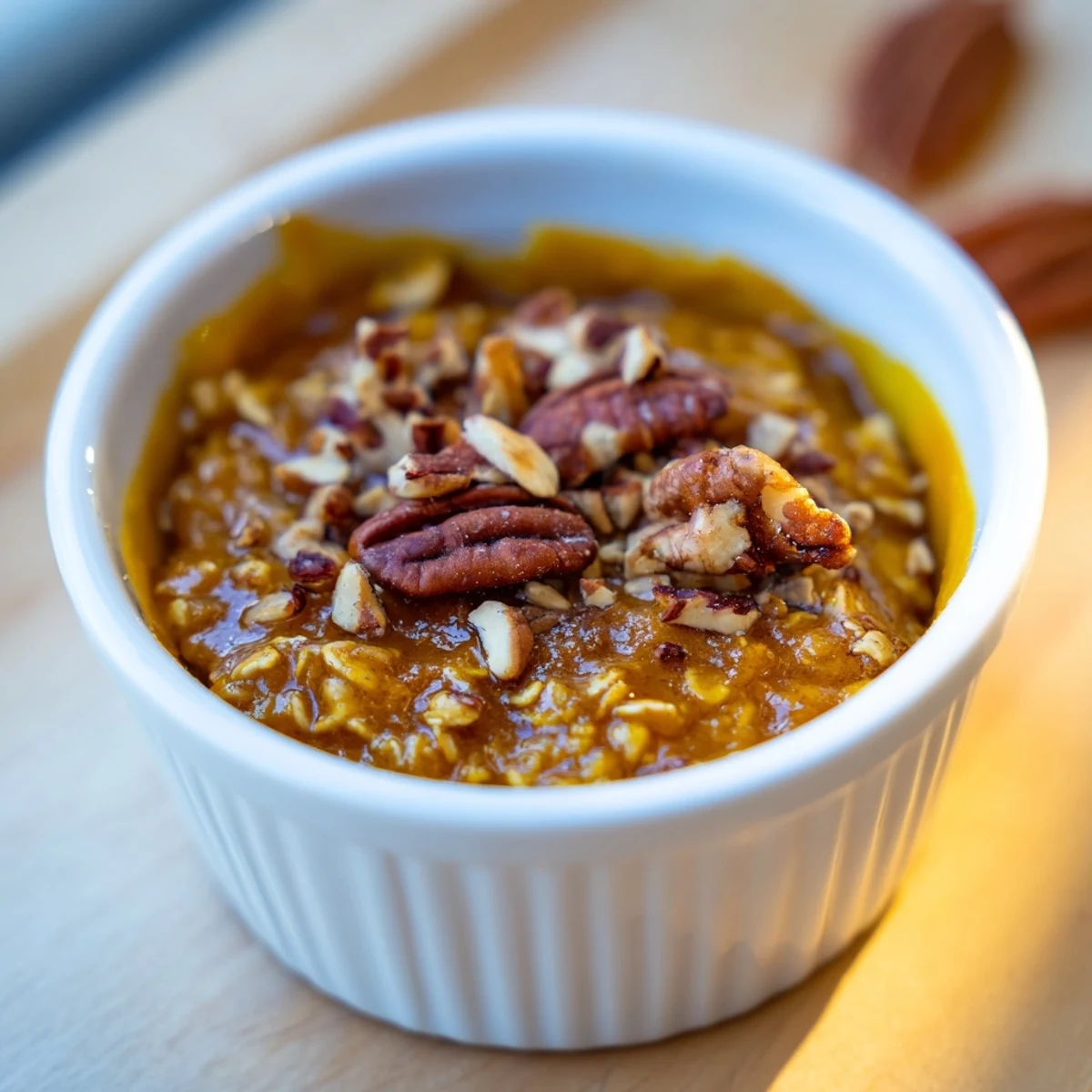 Golden baked Pumpkin Spice Baked Oats, served warm with a drizzle of maple syrup and chopped pecans.