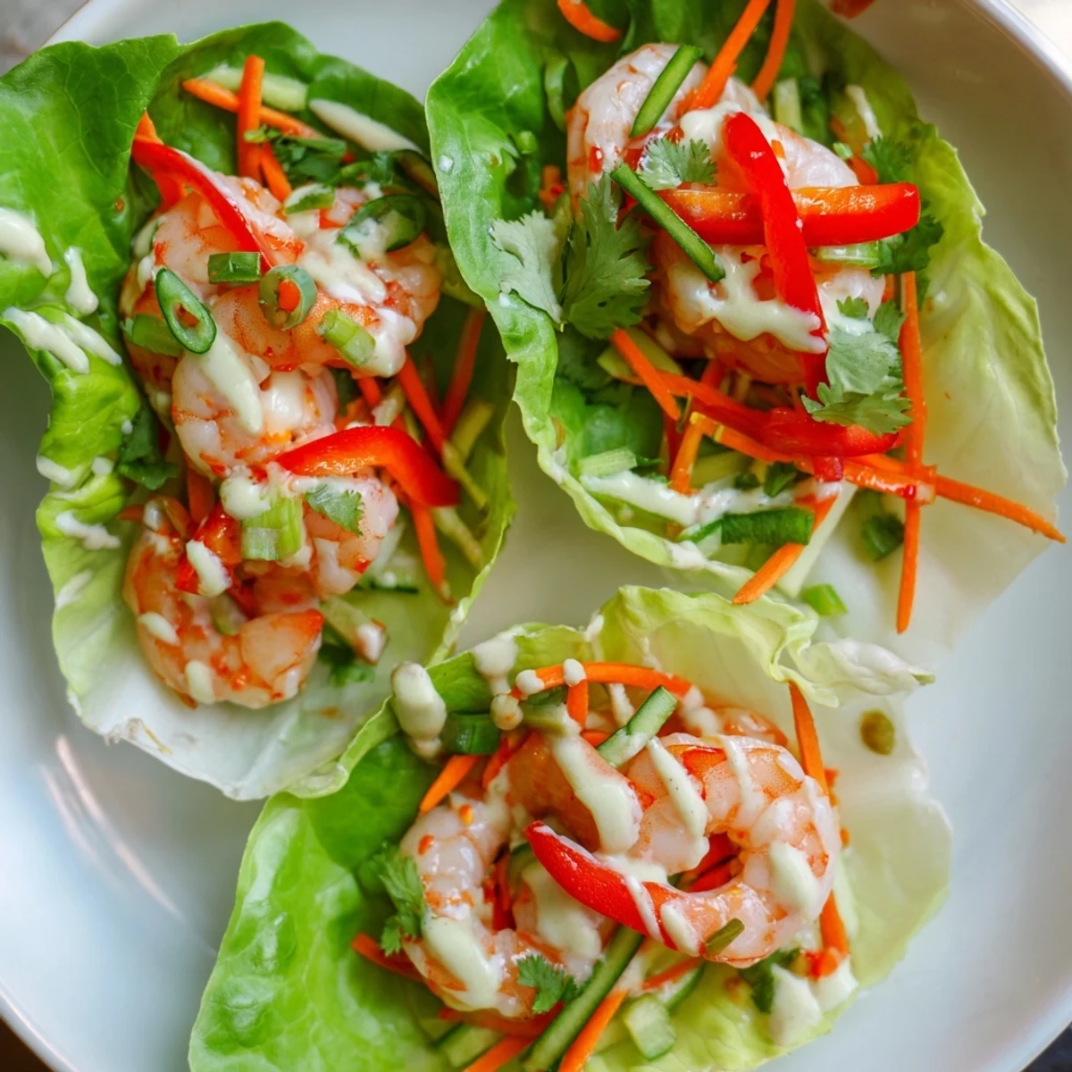 A close-up of vibrant shrimp lettuce cups, filled with spicy shrimp and fresh vegetables.