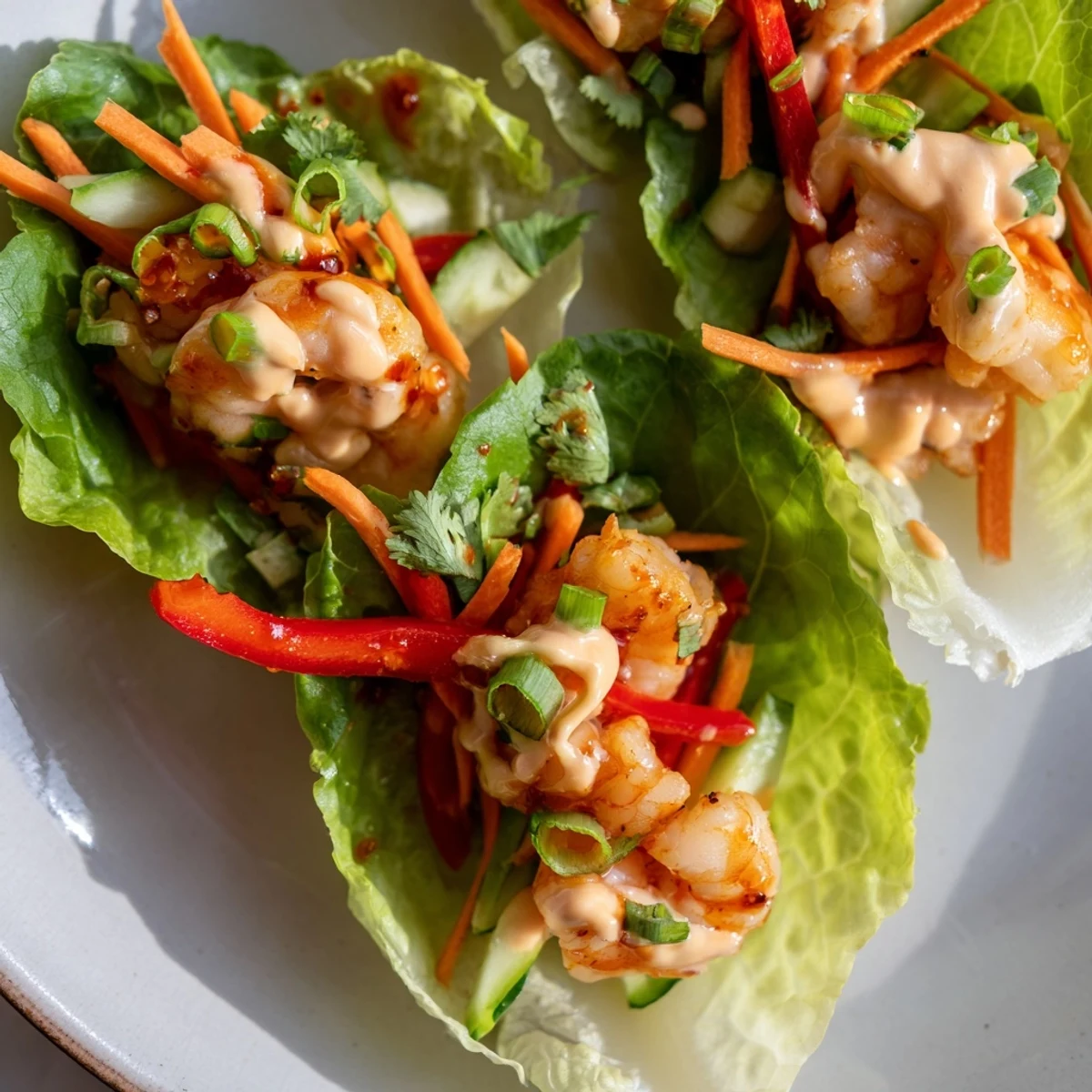 Delicious shrimp lettuce cups, with colorful veggies arranged for a light, healthy Asian meal.