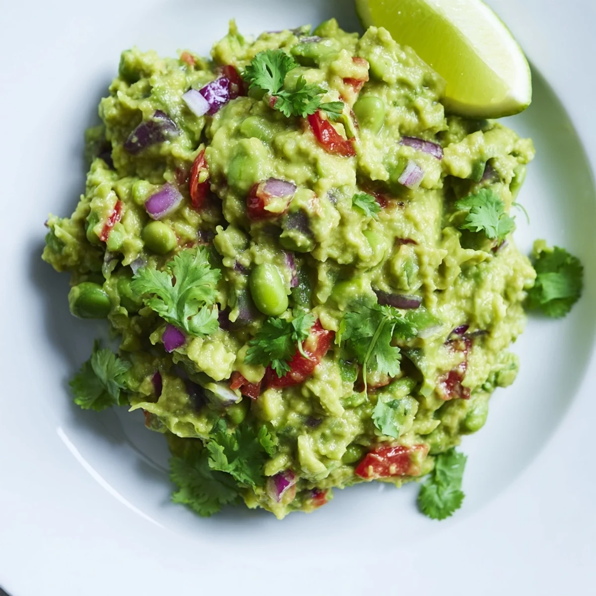 Freshly made Edamame Guacamole, easily imagined, with bright cilantro and lime wedges on the side.