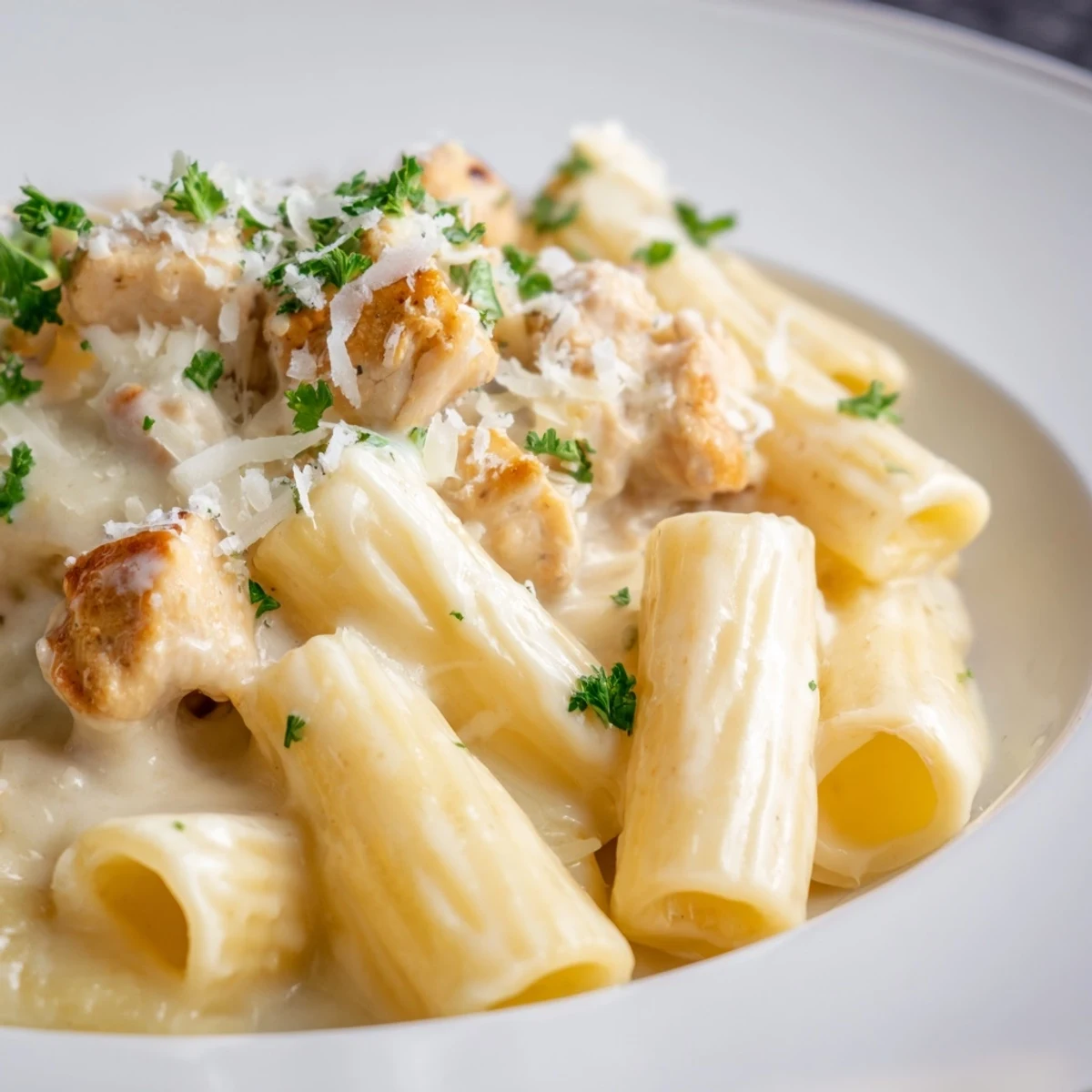 Close-up of a hearty Chicken Alfredo Bake, showing the tender chicken and rich sauce.