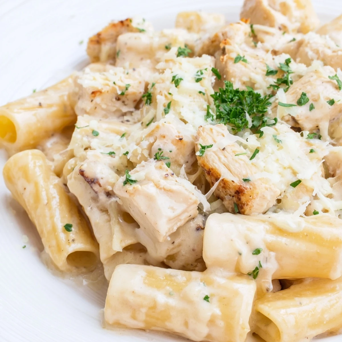 A baking dish overflowing with creamy Chicken Alfredo Bake, smelling delicious and cheesy.