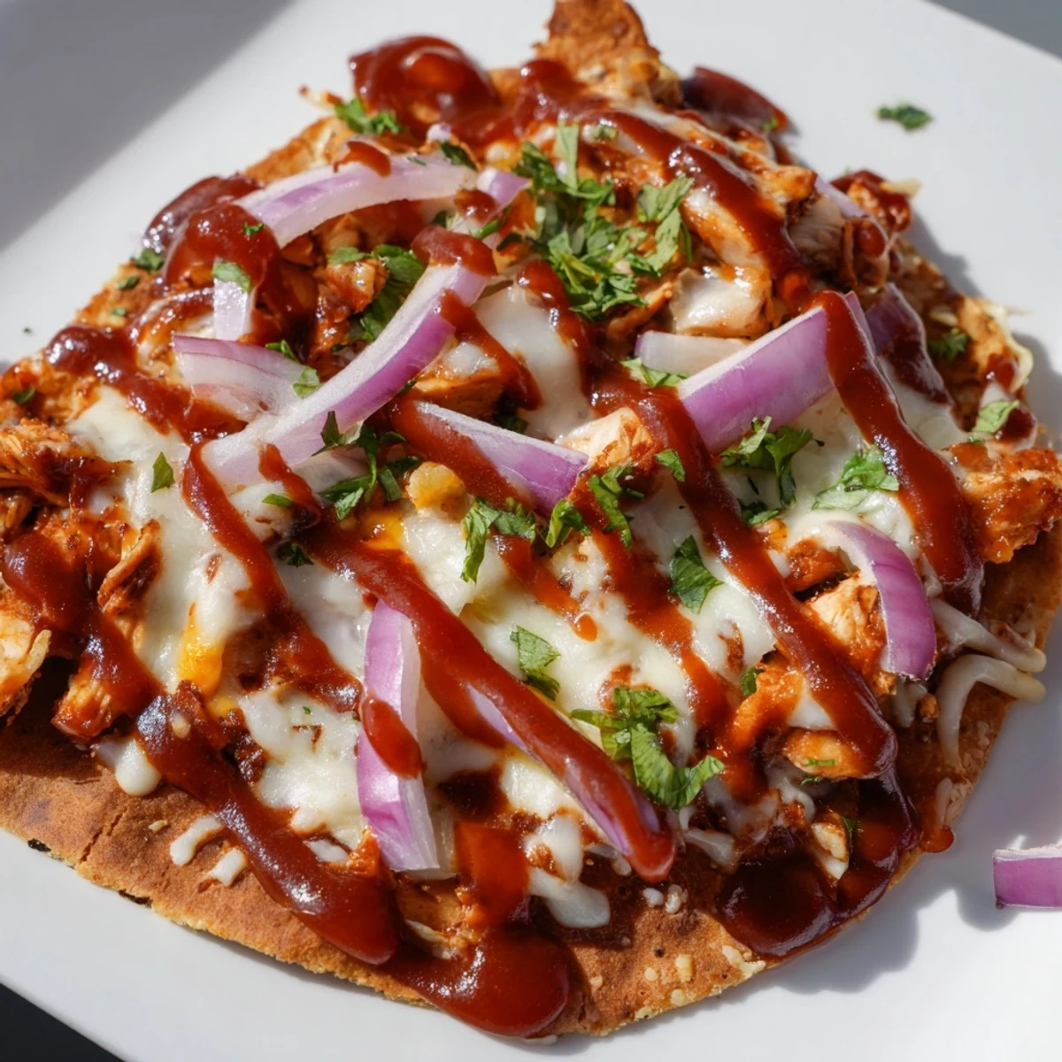 Golden-crusted BBQ Chicken Flatbread, a delicious meal with melted cheese, juicy chicken, and fresh cilantro.