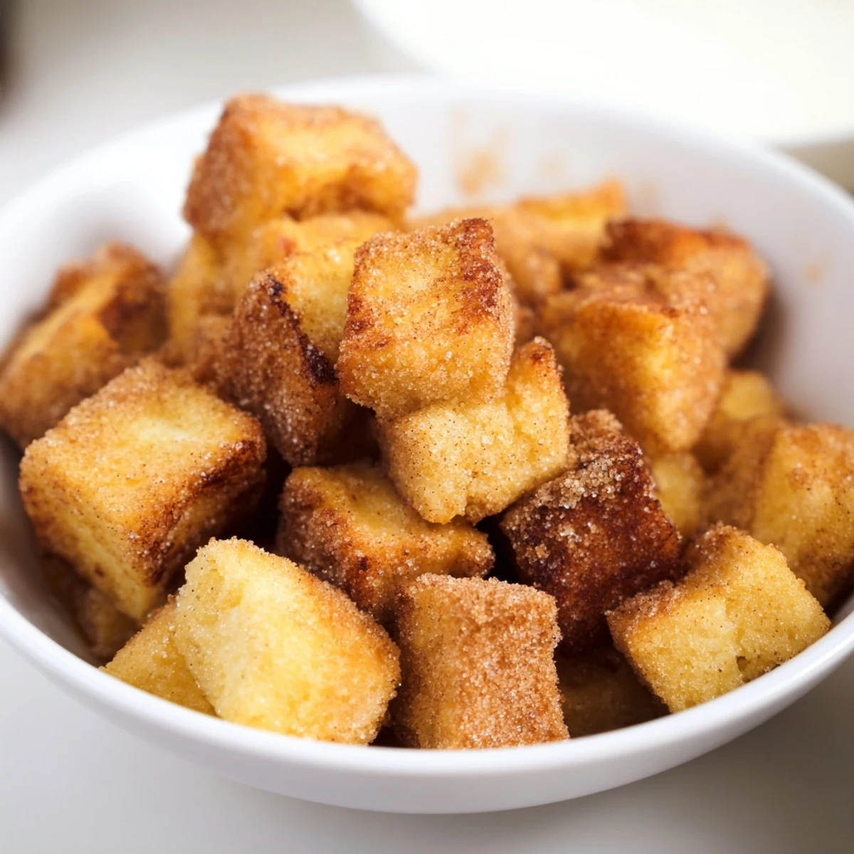 A bowl of delightful mini French Toast Cereal, smelling of cinnamon and ready for a tasty breakfast.