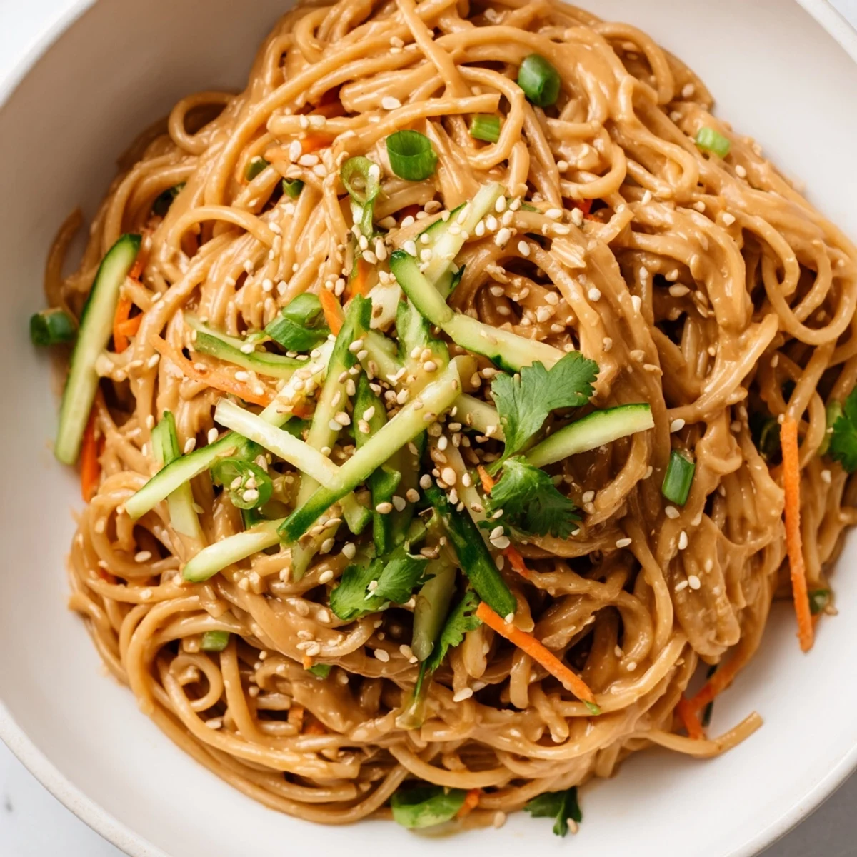A vibrant bowl of cold sesame noodles topped with fresh herbs, offering a satisfying crunch.