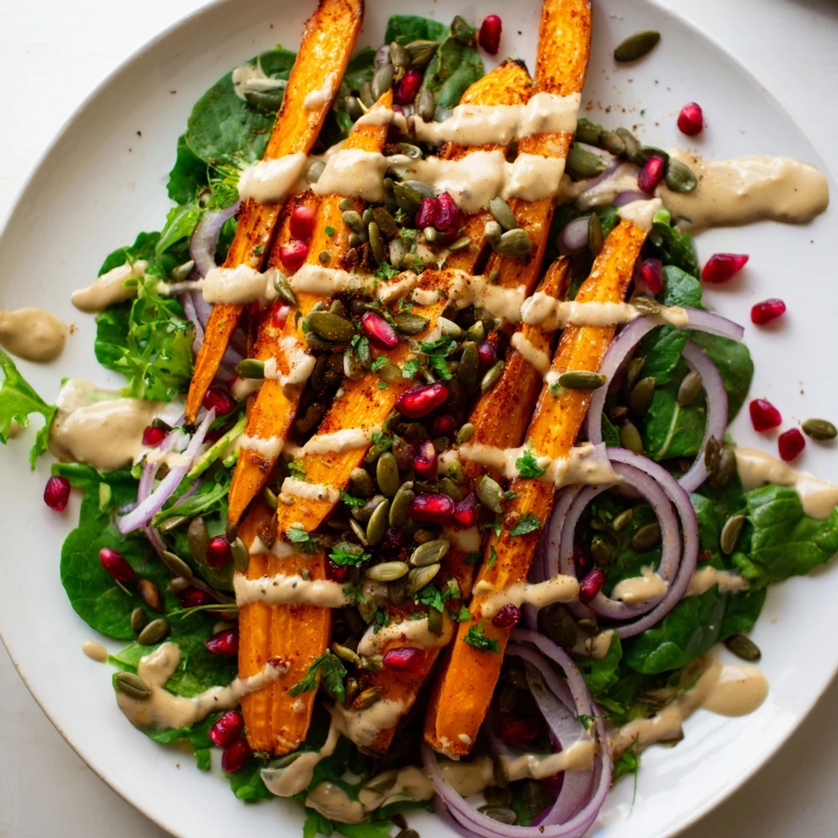 This vegetarian Roasted Carrot Salad shows off colorful carrots with a rich, tangy tahini dressing.