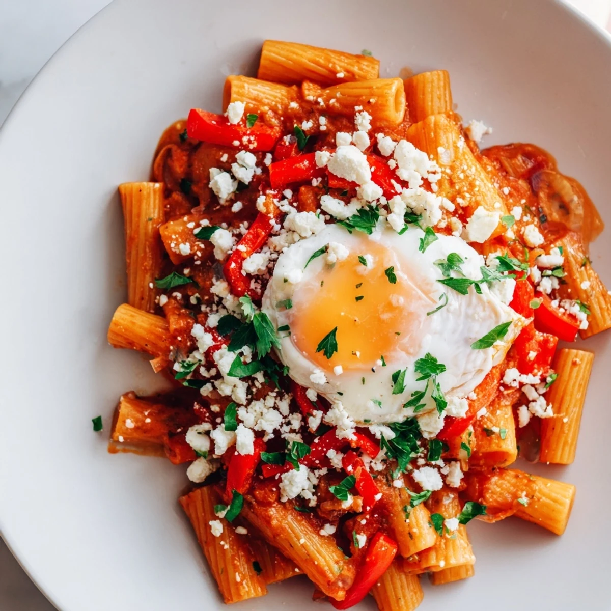 Quick Shakshuka Pasta: a close-up of the flavorful pasta layered with vibrant tomato sauce and a perfectly cooked egg.