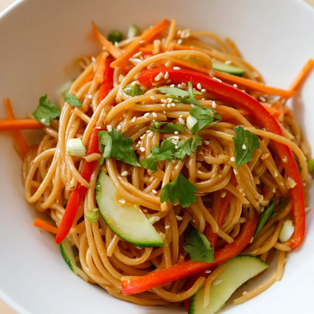 Enjoy a refreshing taste of this vegetarian Garlic Noodle Salad, tossed with sesame seeds.