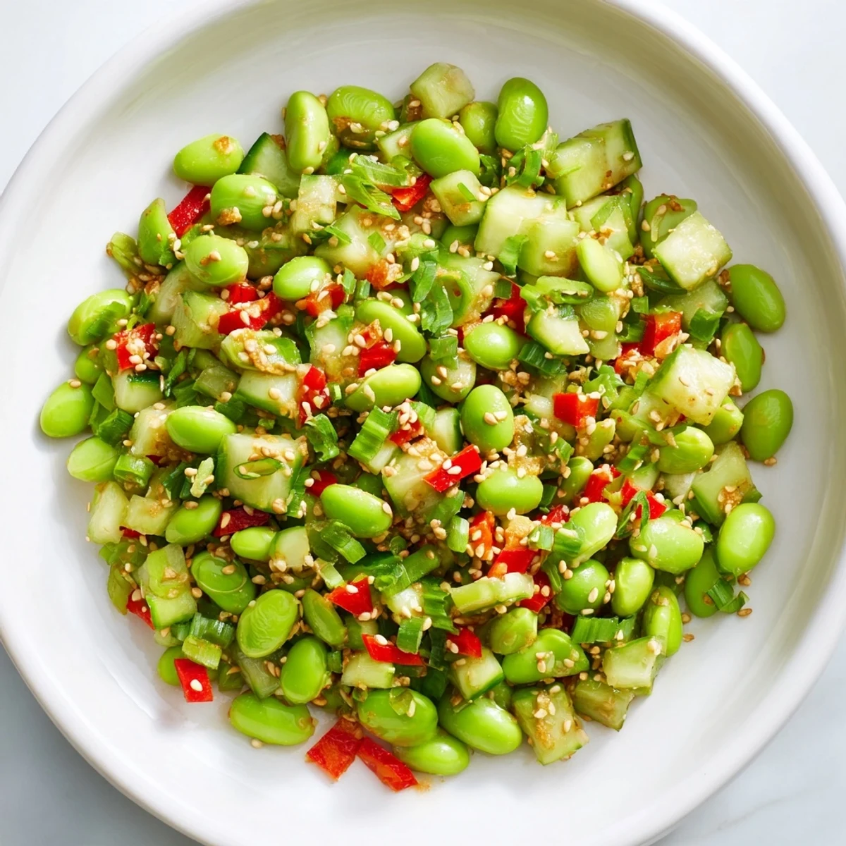 This refreshing Edamame Salad shows tender edamame beans and crisp cucumber, garnished with sesame seeds.