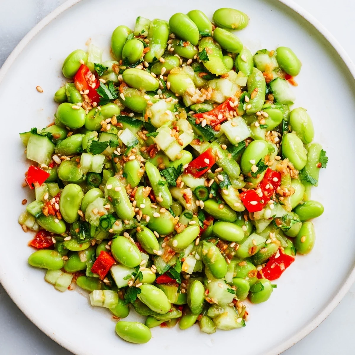 A vibrant Edamame Salad with chilled green edamame and a savory sesame dressing drizzled over it.