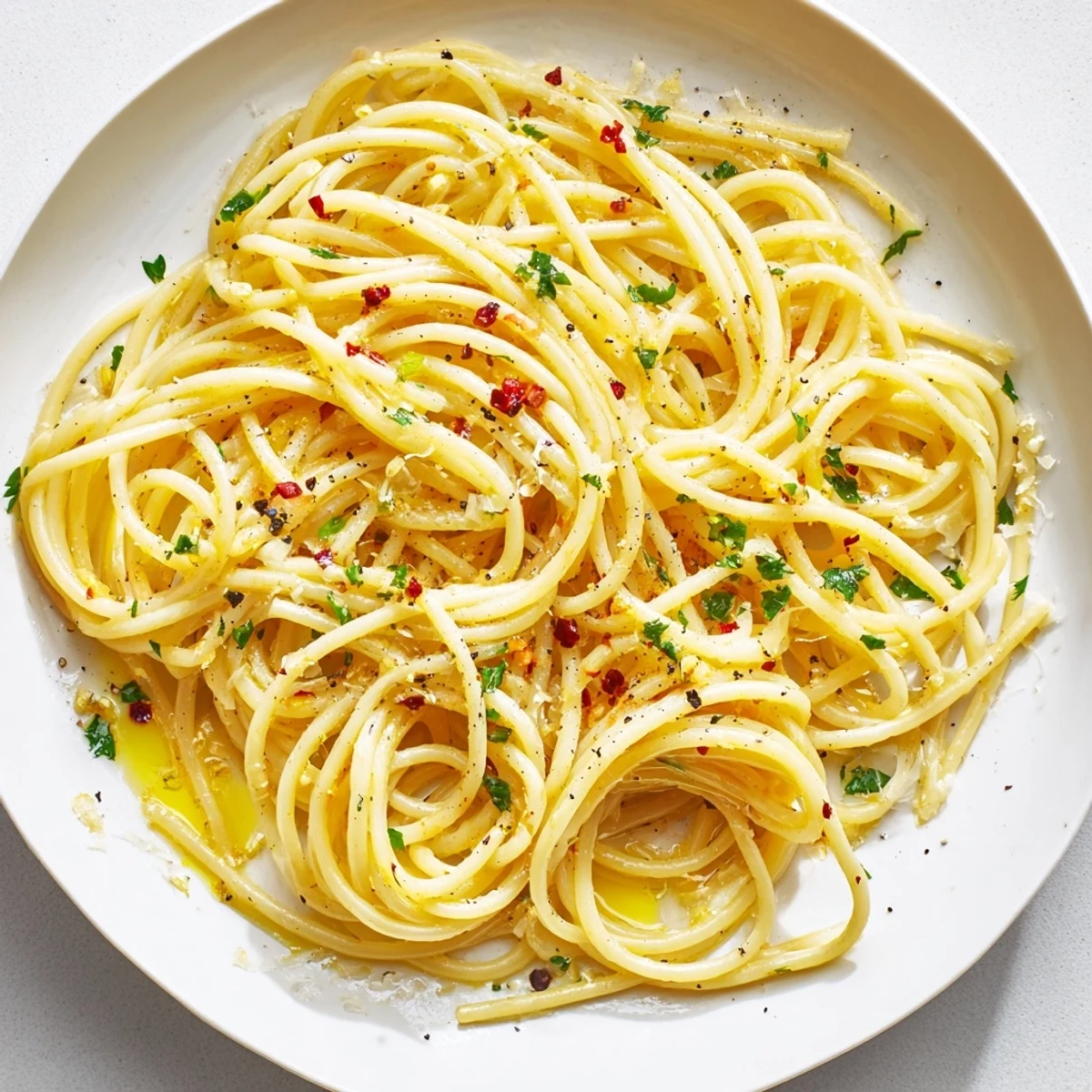 Steaming bowl of Aglio e Olio Express Pasta, glistening olive oil, and fresh parsley garnish.