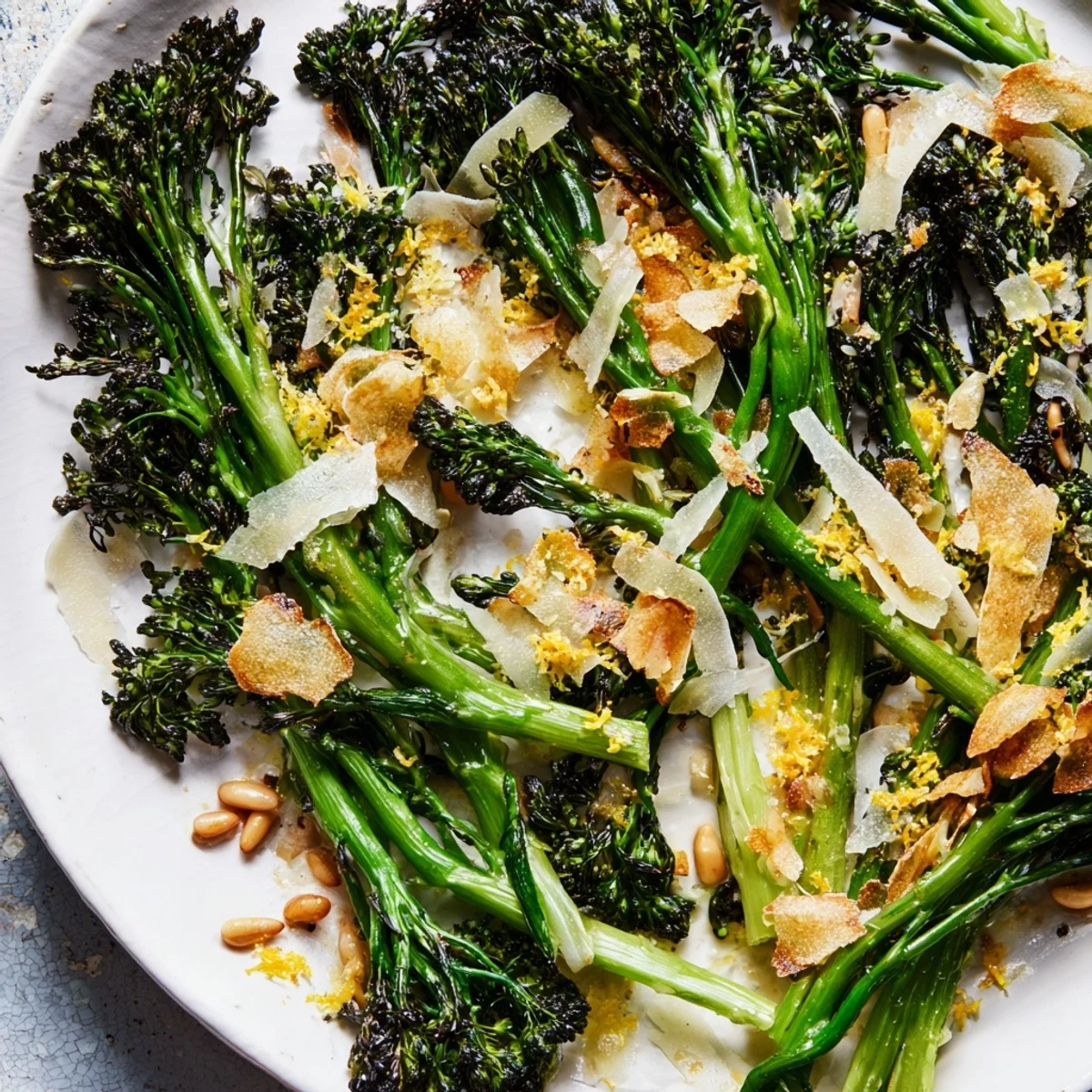 Golden, charred air-fried broccolini salad, dressed with zesty lemon, ready to serve and enjoy.