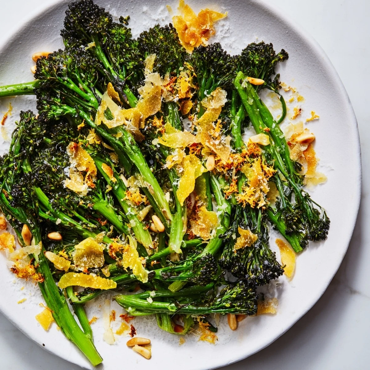 Vibrant Charred Broccolini Salad with crispy garlic and Parmesan, a refreshing vegetarian meal.