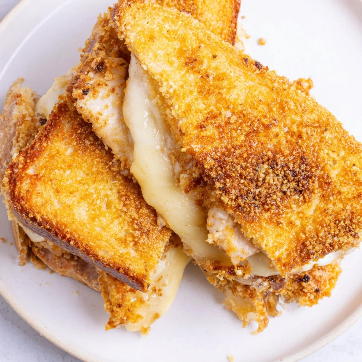 Golden, crispy Parmesan Chicken Thighs wrapped between melted cheese, in mouthwatering sandwiches.