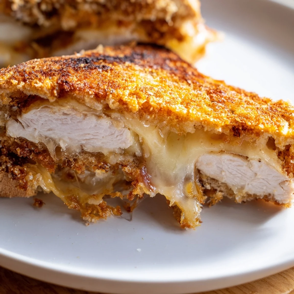 Sizzling, golden-brown Crispy Parmesan Chicken Thighs grilled cheese, oozing with melted cheese and crispy chicken.