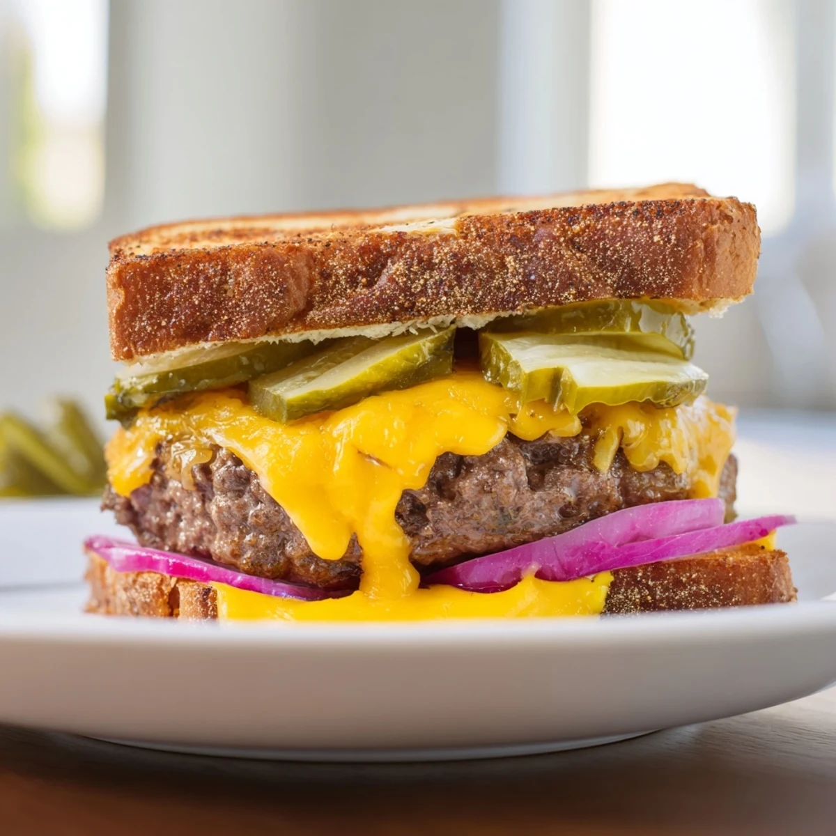 Sizzling Smashed Burger Grilled Cheese, boasting melted cheddar, juicy beef, and golden, buttery bread slices.