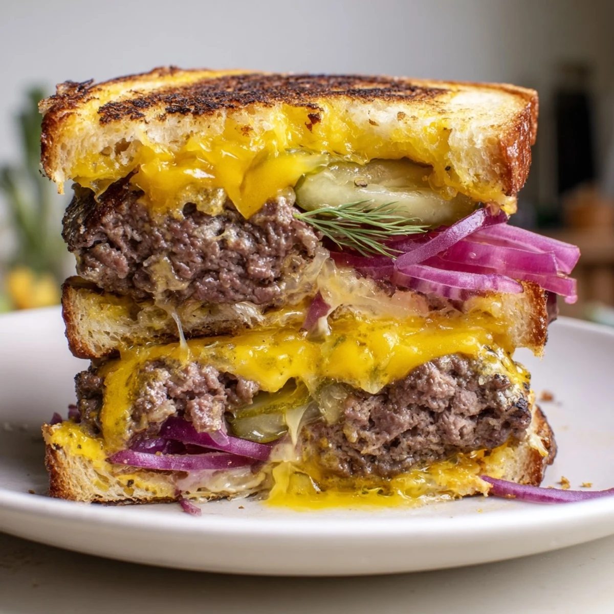 Perfectly grilled Smashed Burger Grilled Cheese served alongside a bowl of tomato soup, ready to enjoy.