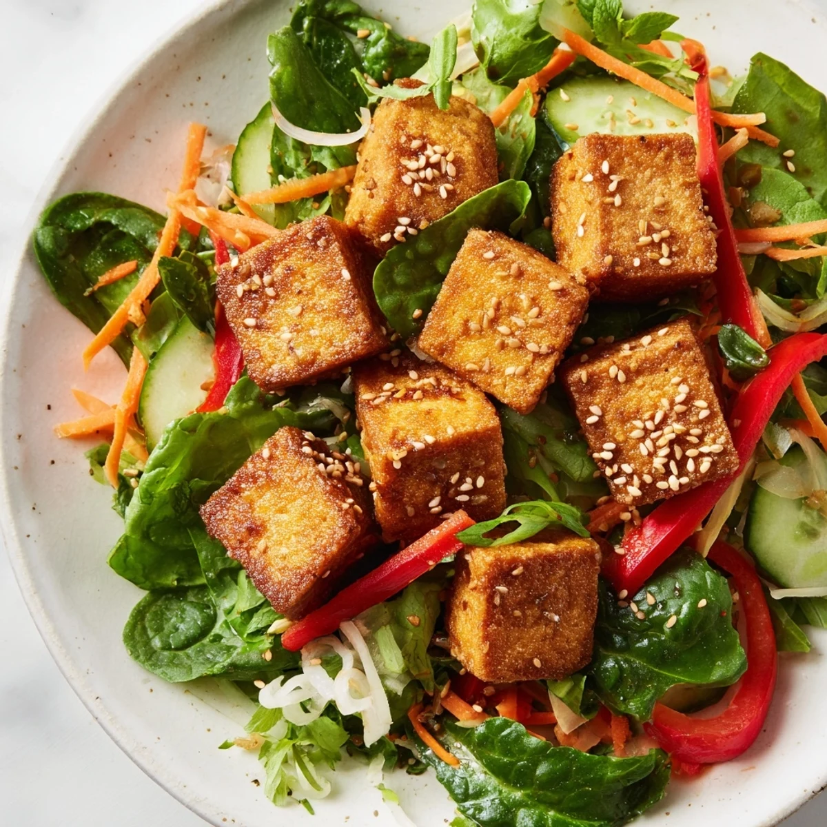 Golden, crispy tofu salad with vibrant veggies and savory ginger-soy dressing; a healthy meal.