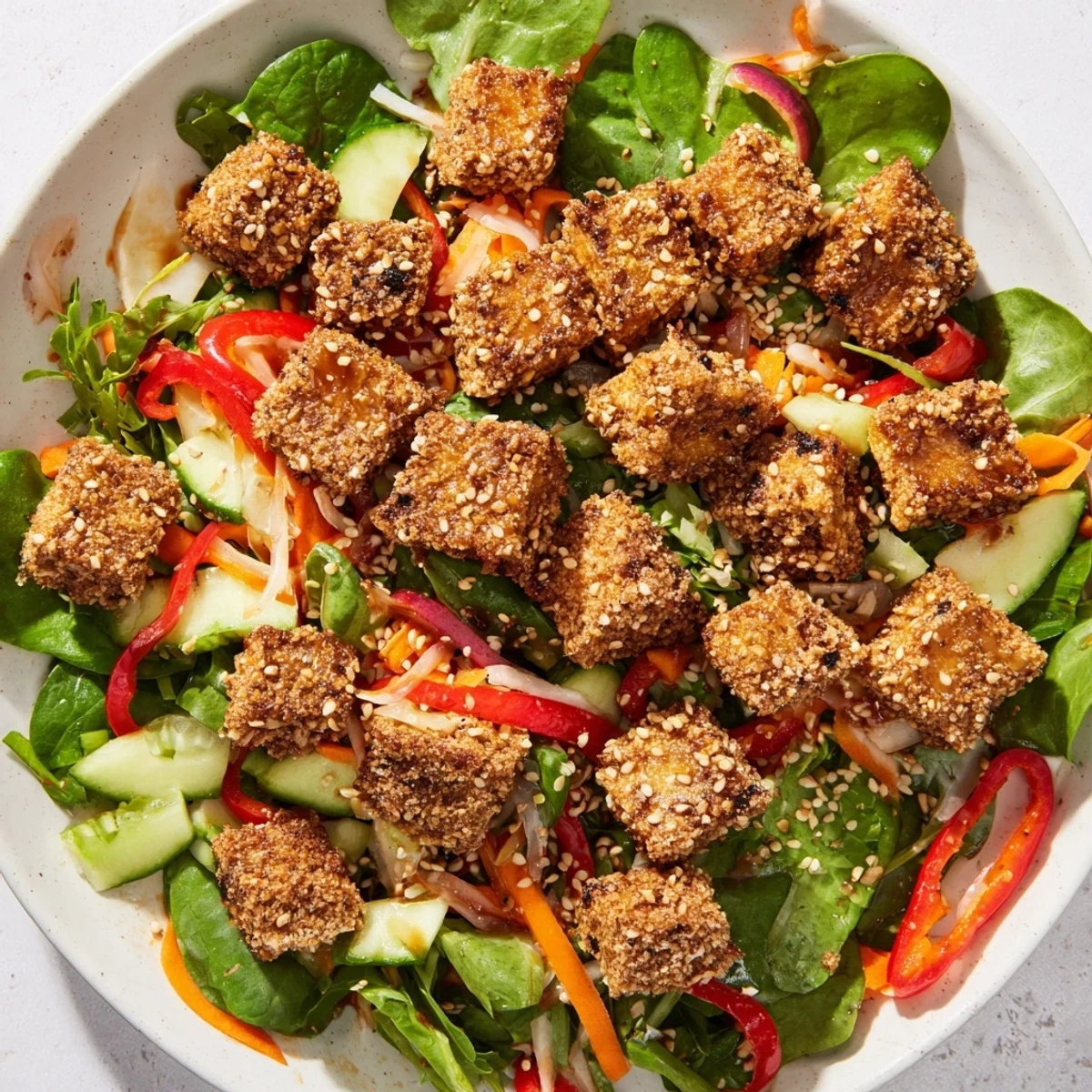 Fresh, colorful crispy tofu salad showcasing perfectly fried tofu with greens and a tangy dressing.
