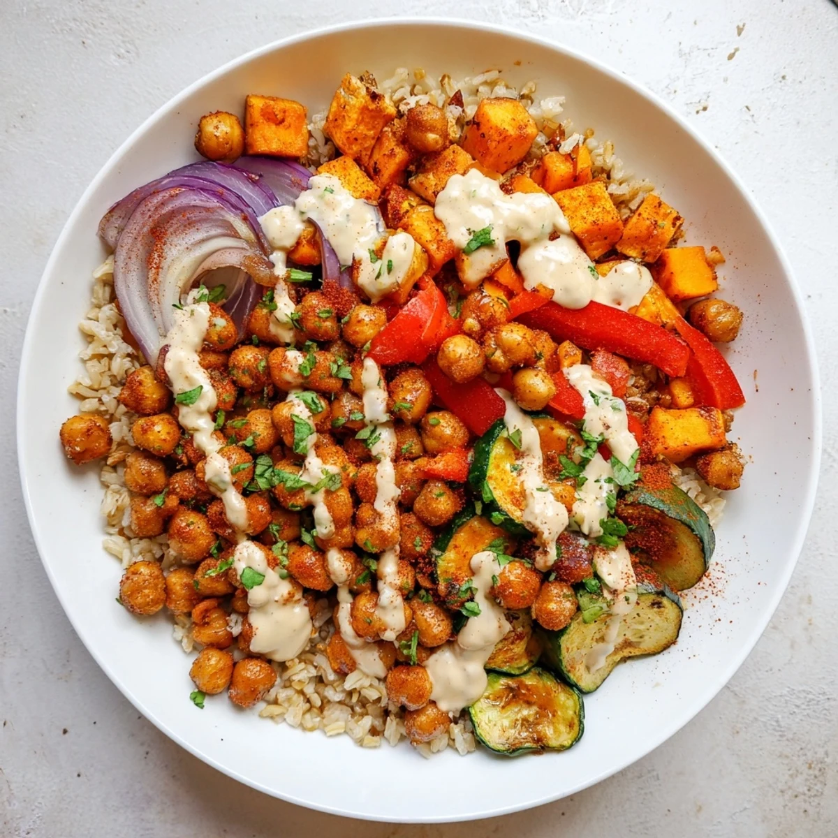 Crispy roasted chickpeas and colorful vegetables star in this vibrant Roasted Chickpea Buddha Bowl.