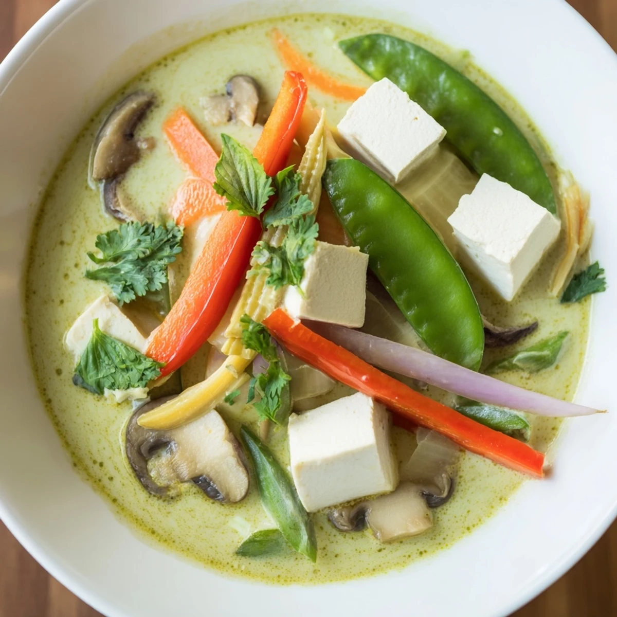 Creamy coconut milk swirls around fresh vegetables in this flavorful Thai Green Curry Coconut Soup, served hot.