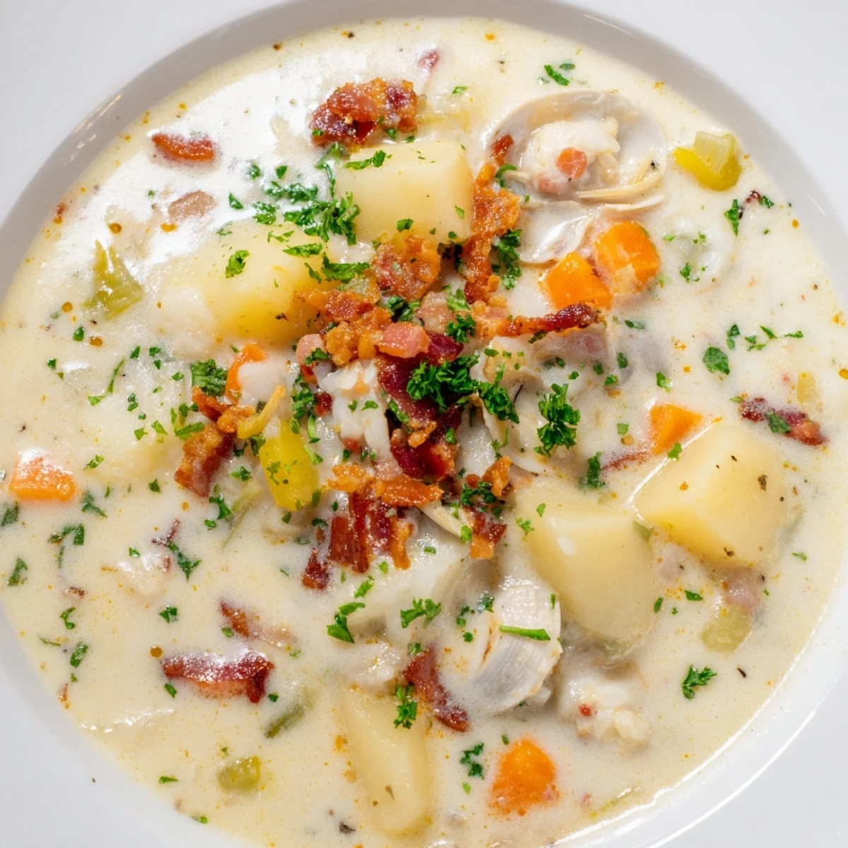 A steaming bowl of New England Clam Chowder, creamy and packed with clams and potatoes.