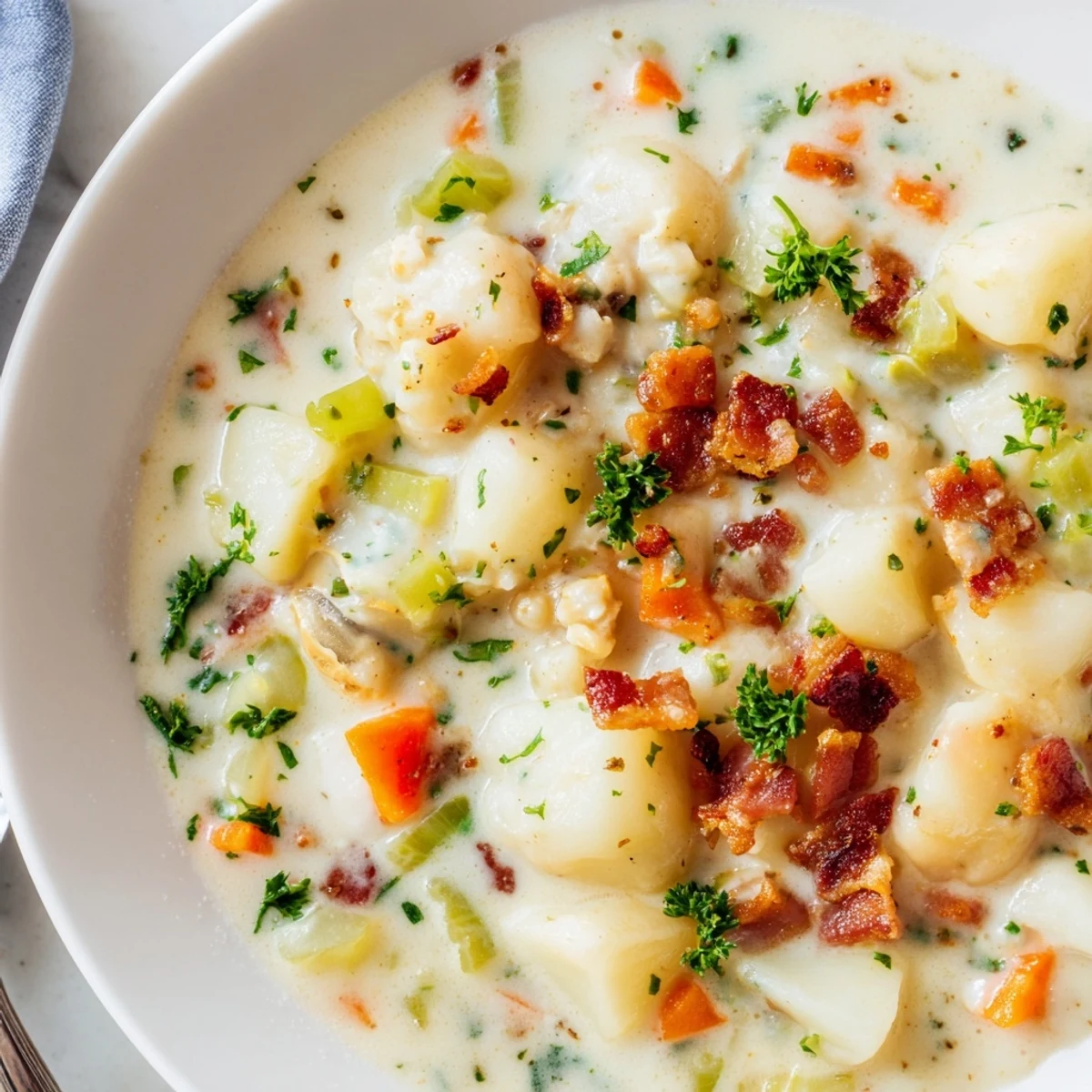 Freshly garnished New England Clam Chowder, served in a white bowl with oyster crackers nearby.