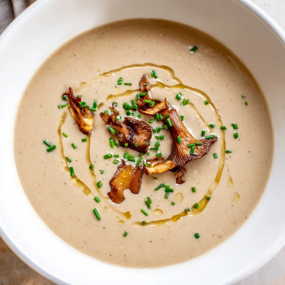 A creamy, steaming bowl of Mushroom Bisque, garnished with fresh herbs, ready to savor.